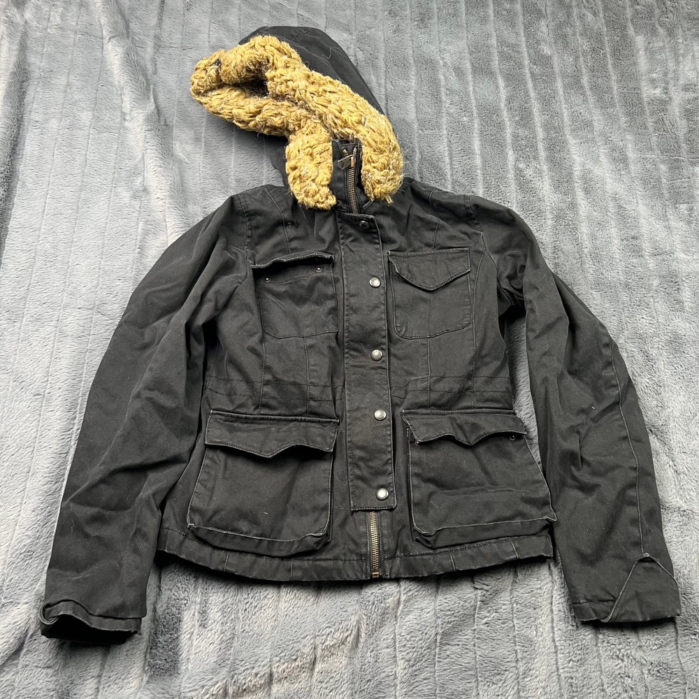 Levis Womens Black Utility Field Jacket Faux Fur Lined Hood Size XP 132339
